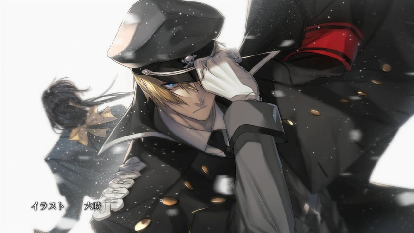 2boys armband black_hair blonde_hair blue_eyes buckle coat dies_irae gloves hat long_hair male male_focus mercurius_(dies_irae) military_hat military_uniform multiple_boys necktie peaked_cap reinhard_tristan_eugen_heydrich serious short_hair snow totenkopf uniform white_gloves