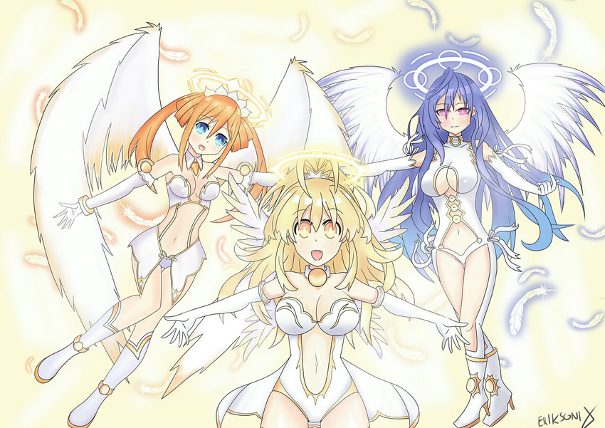 :d artist_name bare_shoulders blonde_hair blue_eyes blue_hair boots breasts elbow_gloves eriksonix fang feathered_wings feathers four_goddesses_online:_cyber_dimension_neptune gloves halo highres iris_heart large_breasts long_hair medium_breasts multiple_girls navel_cutout neptune_(series) open_mouth orange_hair orange_heart outstretched_arms power_symbol purple_eyes smile symbol-shaped_pupils thigh_boots thighhighs twintails wings yellow_eyes yellow_heart