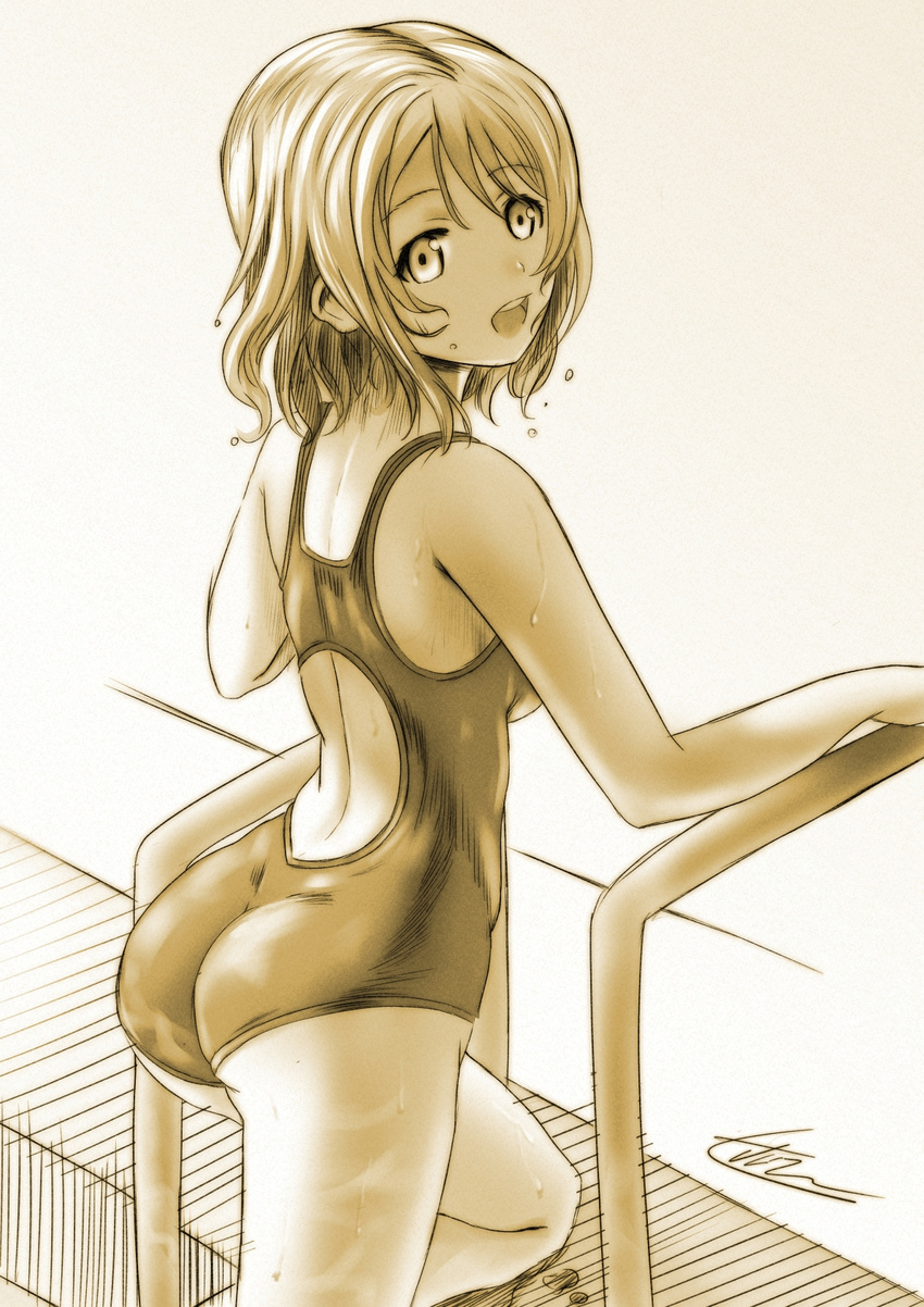 :d ass back bangs bare_arms bare_shoulders competition_swimsuit eyebrows_visible_through_hair from_behind highres keane912 looking_back love_live! love_live!_sunshine!! monochrome one-piece_swimsuit open_mouth pool_ladder poolside round_teeth short_hair signature smile solo swept_bangs swimsuit tareme teeth thighs traditional_media watanabe_you water_drop wet yellow