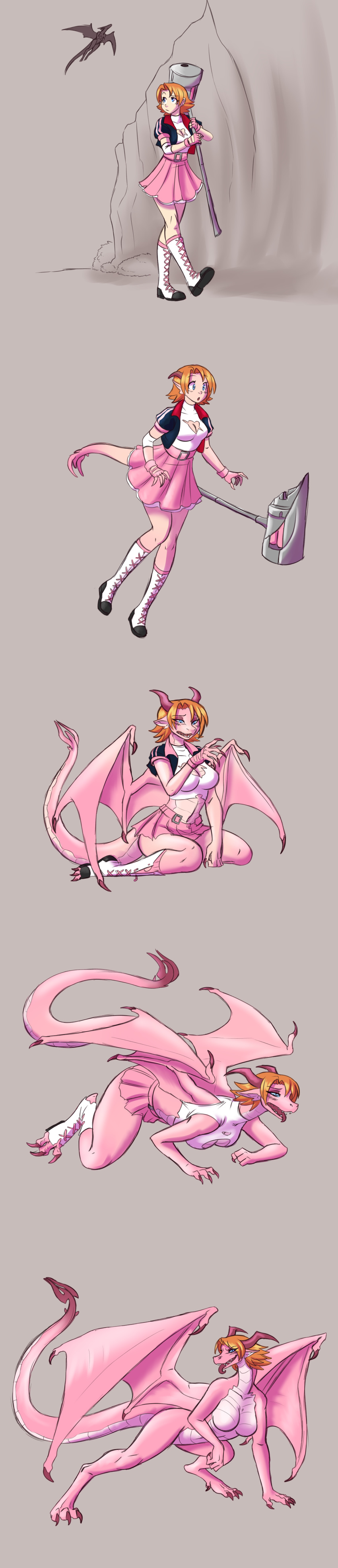 2019 anthro big_breasts blonde_hair blue_eyes blush breasts claws clothed clothing dragon duo featureless_breasts female grin hair hammer horn human human_to_anthro looking_at_viewer mammal navel nora_valkyrie nude open_mouth rwby sequence simple_background skirt smile snout solo_focus standing surprise thatweirdguyjosh tongue tongue_out tools torn_clothing transformation wings