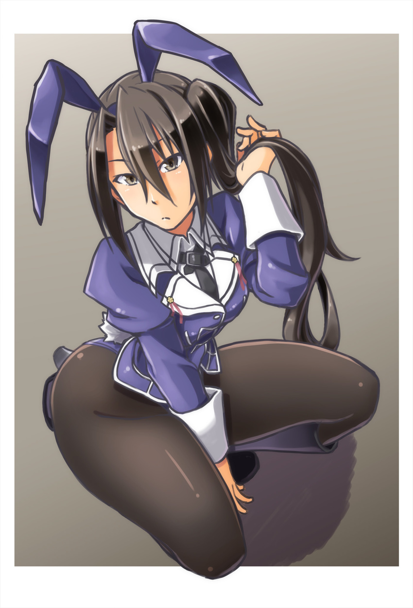 adapted_costume alto-00 animal_ears black_hair black_legwear boots breasts brown_eyes bunny_ears bunny_tail bunnysuit fake_animal_ears frown gloves highres jacket kantai_collection leotard long_hair long_sleeves medium_breasts nachi_(kantai_collection) necktie pantyhose purple_leotard remodel_(kantai_collection) side_ponytail solo squatting tail very_long_hair white_gloves