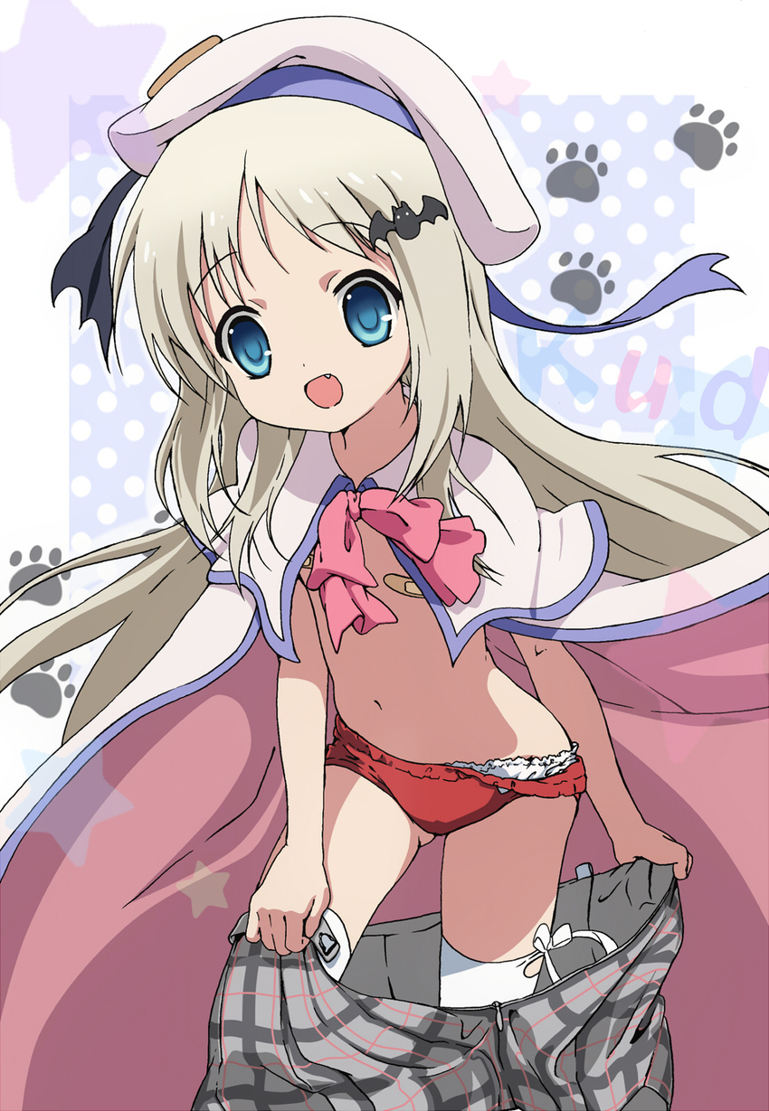 :d bad_id bad_pixiv_id bandaid bandaids_on_nipples bangs bat_hair_ornament blonde_hair blue_background blue_eyes bow buruma cape commentary_request eyebrows_visible_through_hair fang flat_chest grey_skirt hair_ornament hat highres little_busters! long_hair looking_at_viewer navel neki_(wakiko) noumi_kudryavka open_mouth panties panties_under_buruma pasties paw_print pink_bow plaid plaid_skirt polka_dot polka_dot_background red_buruma skirt smile solo standing star thighhighs topless underwear undressing white_cape white_hat white_legwear white_panties