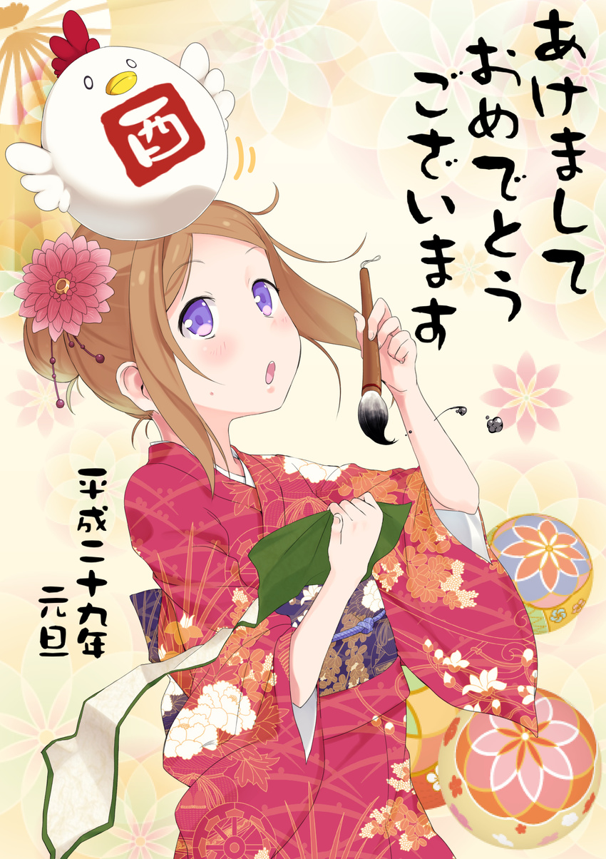 absurdres akeome bird brown_hair calligraphy_brush chicken chinese_zodiac commentary_request eyebrows_visible_through_hair floral_print flower hair_bun hair_flower hair_ornament happy_new_year highres holding japanese_clothes kimono looking_at_viewer maechuu nengajou new_year open_mouth original paintbrush print_kimono purple_eyes red_kimono scroll short_hair solo standing sweatdrop translated upper_body year_of_the_rooster yellow_background