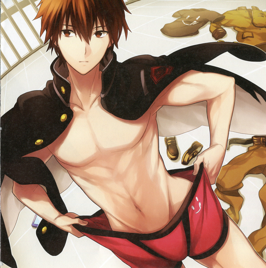 boxer_briefs brown_hair clothes_removed dressing fate/extra fate/extra_ccc fate_(series) gakuran highres joe_boxer kishinami_hakuno_(male) male_focus male_underwear nakahara_(mu_tation) official_art school_uniform solo underwear underwear_only