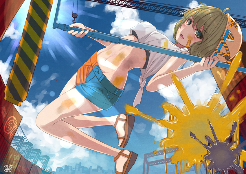 :d ahoge bandaid bandaid_on_face bangs bare_legs black_bra blue_sky bodypaint bra bra_peek breasts cloud commentary_request container cosmo_(bousoup) crane crop_top crop_top_overhang day eyebrows_visible_through_hair facepaint green_eyes green_hair gumi helmet holding jumping looking_at_viewer medium_breasts midair navel no_legwear no_socks open_mouth outdoors paint_roller sandals shirt short_hair signature sky sleeveless sleeveless_shirt smile solo splatter stomach sun tied_shirt underwear vocaloid white_shirt