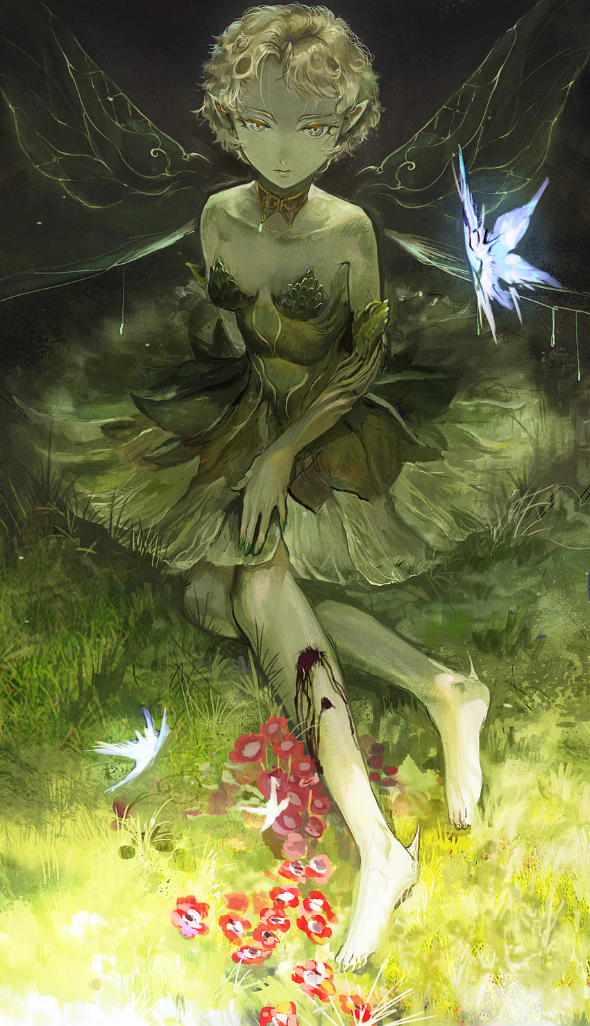 bare_shoulders barefoot bayashiko bleeding blonde_hair blood blood_on_leg closed_mouth commentary deep_wound detached_collar dress expressionless fairy fairy_wings fantasy flower gem grass green_dress green_nails grey_eyes hand_on_own_leg highres injury jewelry looking_at_viewer monster_girl nail_polish necklace original pink_lips plant plant_girl pointy_ears short_hair sitting wings