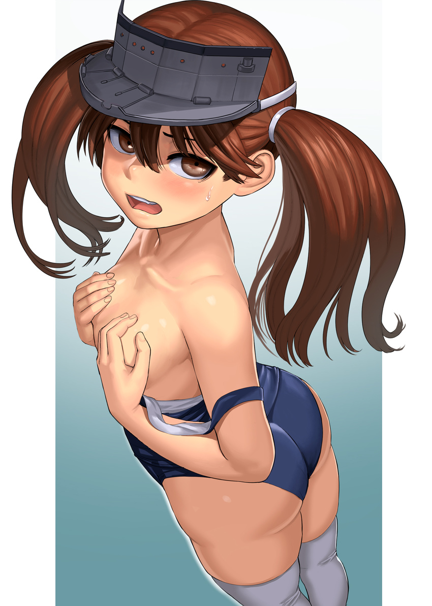 ass bare_shoulders blush breasts brown_eyes brown_hair collarbone covering covering_breasts foreshortening from_above from_behind gradient gradient_background hair_between_eyes highres kantai_collection lasterk long_hair looking_at_viewer looking_back off_shoulder one-piece_swimsuit open_mouth paid_reward patreon_reward ryuujou_(kantai_collection) school_swimsuit simple_background small_breasts solo strap_slip sweatdrop swimsuit thighhighs twintails visor_cap white_legwear