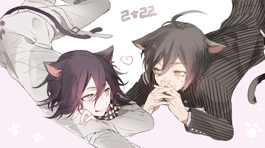 2boys ahoge animal_ears black_hair blazer buttons cat_ears checkered_scarf couple danganronpa gold_eyes jacket long_sleeves matching_hair/eyes multiple_boys new_danganronpa_v3 ouma_kokichi pants purple_eyes purple_hair saihara_shuuichi scarf school_uniform shirt short_hair straitjacket tail tongue tongue_out uniform