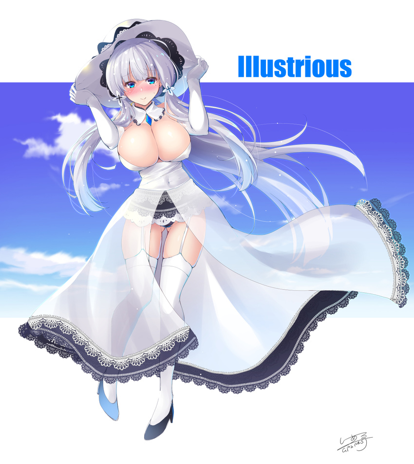 ass_visible_through_thighs azur_lane blue_eyes blush breasts c.r. character_name cleavage commentary_request dress elbow_gloves gloves hair_ornament hair_ribbon hands_on_headwear hat highres illustrious_(azur_lane) large_breasts long_hair looking_at_viewer low_ponytail md5_mismatch mole mole_under_eye panties ponytail ribbon sidelocks smile solo thighhighs tress_ribbon underwear very_long_hair white_dress white_gloves white_hair white_legwear