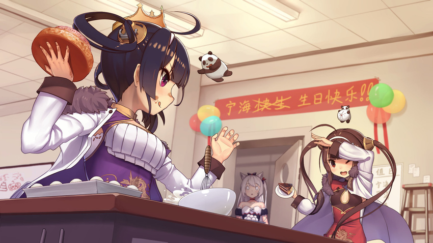 :q ;d ahoge animal_ears arm_up azur_lane bangs blue_hair breasts brown_hair cake center_opening china_dress chinese_clothes coat commentary_request dress eyebrows_visible_through_hair food food_on_face fur_trim hair_rings hammann_(azur_lane) hand_up highres holding holding_food holding_plate indoors long_hair long_sleeves multiple_girls ning_hai_(azur_lane) one_eye_closed open_clothes open_coat open_mouth panda ping_hai_(azur_lane) plate purple_eyes remodel_(azur_lane) small_breasts smile table tongue tongue_out tsurime twintails whisk white_hair whiteboard xiaoyin_li