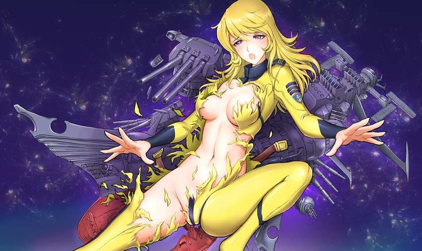 ass blonde_hair blush bodysuit breasts cleavage gloves long_hair looking_at_viewer medium_breasts mori_yuki navel open_mouth purple_eyes solo sonota_taisei space tears torn_bodysuit torn_clothes turret uchuu_senkan_yamato