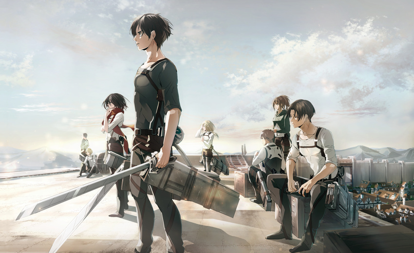 5boys armin_arlert black_hair black_pants blonde_hair brown_hair christa_renz cloud cloudy_sky collarbone connie_springer day dual_wielding eren_yeager grey_shirt hair_between_eyes hand_in_hair hands_on_hips highres holding holding_sword holding_weapon jean_kirchstein kawauso levi_(shingeki_no_kyojin) long_hair mikasa_ackerman military military_uniform multiple_boys multiple_girls outdoors pants ponytail red_scarf sasha_braus scarf shingeki_no_kyojin shirt short_hair sidelocks sitting sky standing sword three-dimensional_maneuver_gear uniform weapon white_shirt