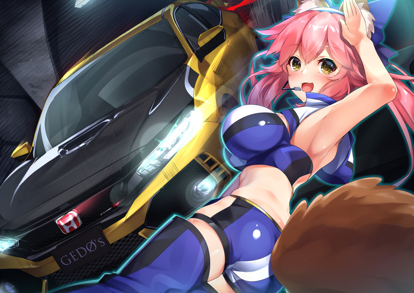 :d animal_ears ass bare_shoulders blue_legwear blue_shorts blush breasts car collarbone commentary_request eyebrows_visible_through_hair fang fate/extra fate_(series) fox_ears fox_tail gedou_(shigure_seishin) ground_vehicle hair_ribbon headphones honda honda_civic_type_r large_breasts long_hair looking_at_viewer microphone motor_vehicle open_mouth pink_hair ribbon shorts smile solo tail tamamo_(fate)_(all) tamamo_no_mae_(fate) thighhighs yellow_eyes