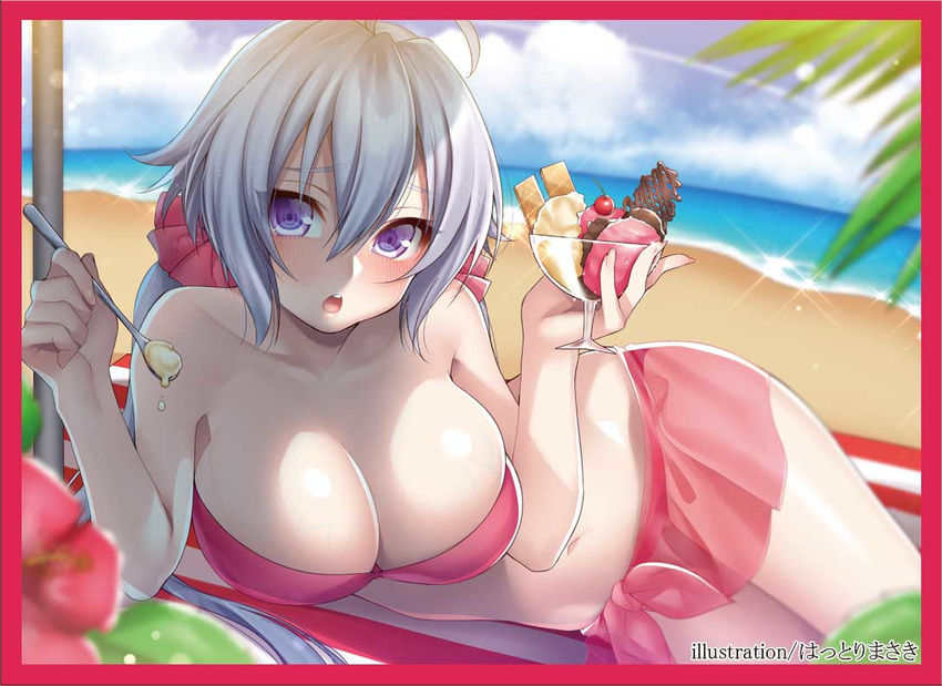 ahoge artist_name bad_id bad_twitter_id bare_shoulders beach bikini blurry blush border breasts day depth_of_field eyebrows_visible_through_hair flower food hair_between_eyes hattori_masaki ice_cream large_breasts long_hair looking_at_viewer navel ocean open_mouth pink_bikini pink_border purple_eyes red_border senki_zesshou_symphogear solo spoon swimsuit twintails veiny_breasts yukine_chris