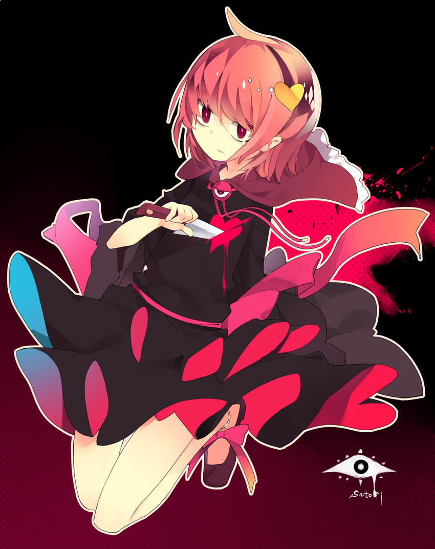 aki_maki_yuu alternate_costume anklet bangs bare_legs black_background black_dress character_name dress full_body gradient gradient_background hairband heart highres jewelry knife komeiji_satori looking_at_viewer pink_eyes pink_hair red_background shoes short_hair solo stabbed tears third_eye touhou