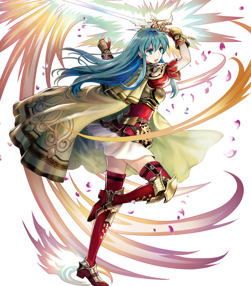 armor bangs blue_eyes blue_hair breastplate cape earrings eirika eyebrows_visible_through_hair fire_emblem fire_emblem:_seima_no_kouseki fire_emblem_heroes full_body gloves highres holding holding_weapon jewelry long_hair mayachise non-web_source official_art open_mouth petals short_sleeves shoulder_pads sidelocks skirt solo sword thighhighs transparent_background weapon zettai_ryouiki