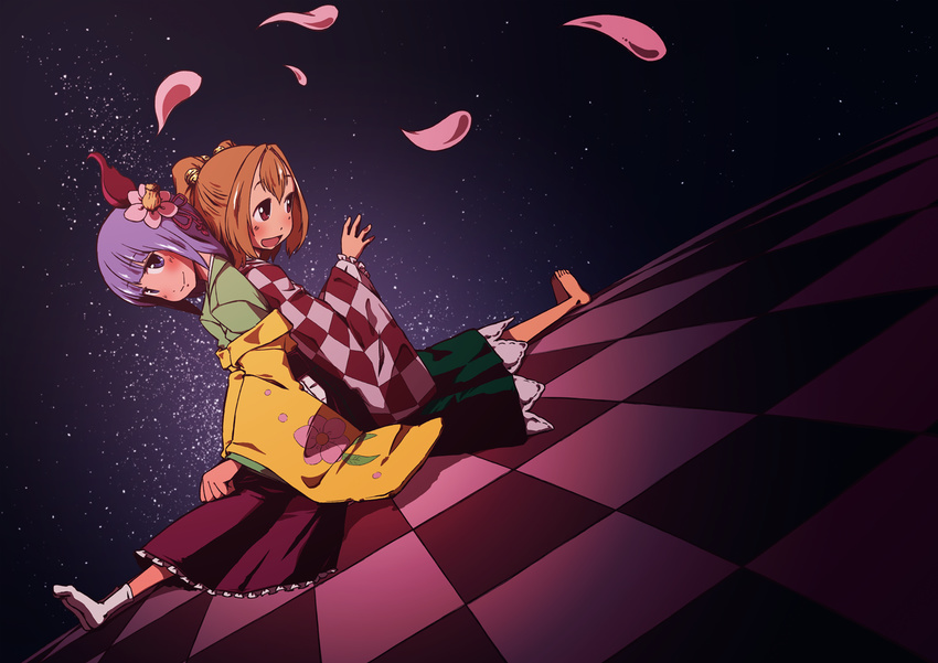 back-to-back bell brown_eyes checkered checkered_floor cover flower hair_bell hair_flower hair_ornament hieda_no_akyuu japanese_clothes kimono long_hair looking_at_viewer meiji_schoolgirl_uniform motoori_kosuzu multiple_girls open_mouth orange_hair petals purple_eyes purple_hair red_eyes short_hair sitting smile sonson_(eleven) touhou twintails