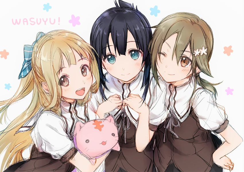 &gt;:) :3 ;) ;d aqua_bow black_hair blonde_hair blue_eyes blush bow brown_eyes brown_hair clenched_hands closed commentary_request copyright_name eyebrows_visible_through_hair folded_ponytail girl_sandwich hair_between_eyes hair_bow hair_ornament hairclip hand_on_own_chest holding kirisawa_saki long_hair looking_at_viewer low_ponytail minowa_gin multiple_girls nogi_sonoko one_eye_closed open_mouth puffy_short_sleeves puffy_sleeves sandwiched school_uniform shinju-kan_uniform short_ponytail short_sleeves sketch smile striped striped_bow stuffed_animal stuffed_cat stuffed_toy v-shaped_eyebrows very_long_hair washio_sumi washio_sumi_wa_yuusha_de_aru white_background yuusha_de_aru