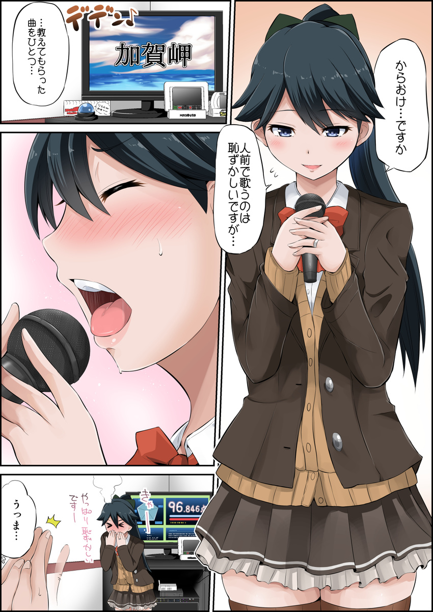 &gt;_&lt; black_hair blazer blouse blue_eyes blush bow brown_jacket brown_legwear brown_skirt brown_sweater clapping close-up closed_eyes comic commentary cosplay covering_mouth flying_sweatdrops full-face_blush hair_bow highres holding holding_microphone houshou_(kantai_collection) jacket jewelry kaga_cape kantai_collection karaoke long_hair microphone neck_ribbon open_mouth pleated_skirt ponytail red_ribbon ribbon ring school_uniform skirt smile suzuya_(kantai_collection) suzuya_(kantai_collection)_(cosplay) sweat sweater television thighhighs translated wedding_band white_blouse yano_toshinori zettai_ryouiki