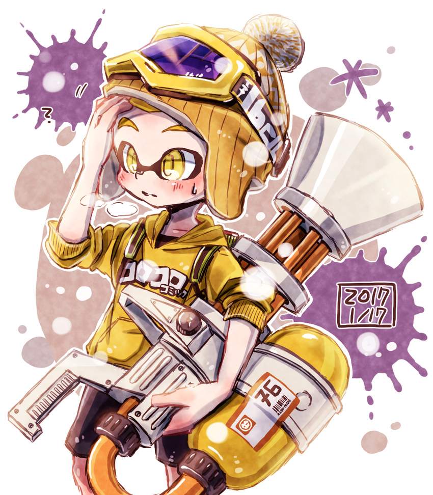 ? black_shorts blonde_hair breath dated domino_mask goggles goggles_on_headwear hand_on_head harutarou_(orion_3boshi) hat highres holding holding_weapon hood hoodie inkling long_sleeves male_focus mask mini_splatling_(splatoon) paint_splatter pointy_ears print_shirt shirt shorts sleeves_pushed_up splatoon_(series) splatoon_1 standing weapon yellow_eyes yellow_hat yellow_shirt
