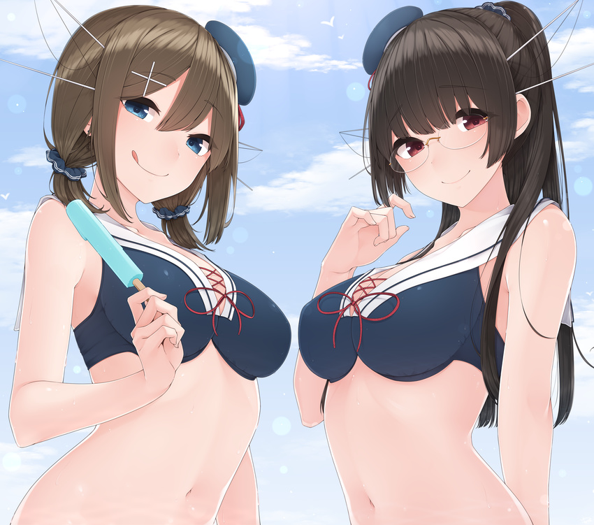 adapted_costume alternate_hairstyle beret black_hair black_scrunchie blue_eyes breasts brown_hair choukai_(kantai_collection) cleavage commentary_request food front-tie_top glasses hair_between_eyes hair_ornament hairclip hat highres holding holding_food kantai_collection long_hair looking_at_viewer maya_(kantai_collection) medium_breasts midriff multiple_girls navel pleated_skirt ponytail popsicle red_eyes sailor_bikini_top scrunchie short_hair skirt smile tongue tongue_out white_skirt x_hair_ornament yukichi_(sukiyaki39)