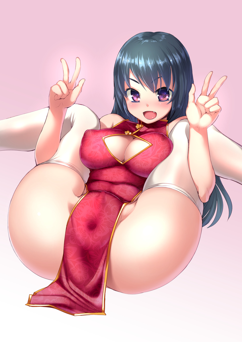 :d absurdres blue_hair bosshi breasts cameltoe china_dress chinese_clothes cleavage cleavage_cutout covered_navel covered_nipples double_w dress enty_reward eyebrows_visible_through_hair fang folded gradient gradient_background highres knees_on_chest large_breasts legs_up long_hair lying no_panties on_back open_mouth original paid_reward pelvic_curtain pink_background purple_eyes red_dress simple_background smile solo thighhighs w white_legwear
