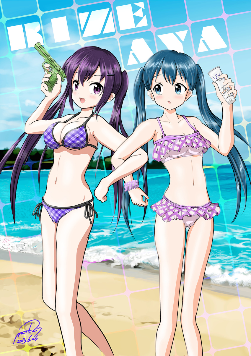 :d :o argyle_bikini arm_up ass_visible_through_thighs bangs beach bikini bikini_skirt blue_eyes blue_hair blue_sky blush breasts cameltoe character_name cleavage commentary_request covered_nipples crossover dated day gochuumon_wa_usagi_desu_ka? gun hair_ornament hairclip highres holding holding_gun holding_weapon kin-iro_mosaic komichi_aya locked_arms long_hair looking_at_viewer lotion mark2u medium_breasts multiple_girls navel ocean open_mouth outdoors pink_bikini pink_scrunchie purple_bikini purple_eyes purple_hair sand scrunchie seiyuu_connection side-tie_bikini sidelocks signature sky small_breasts smile standing stomach sunscreen swimsuit taneda_risa tedeza_rize twintails water_gun weapon wrist_scrunchie