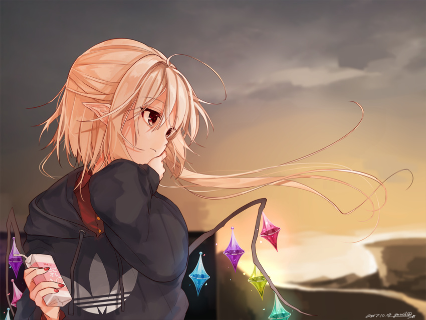 adidas alternate_costume blonde_hair blurry blurry_background closed_mouth flandre_scarlet gotoh510 hood hoodie long_hair long_sleeves looking_afar nail_polish outdoors pointy_ears red_eyes red_nails solo touhou twitter_username upper_body window wings