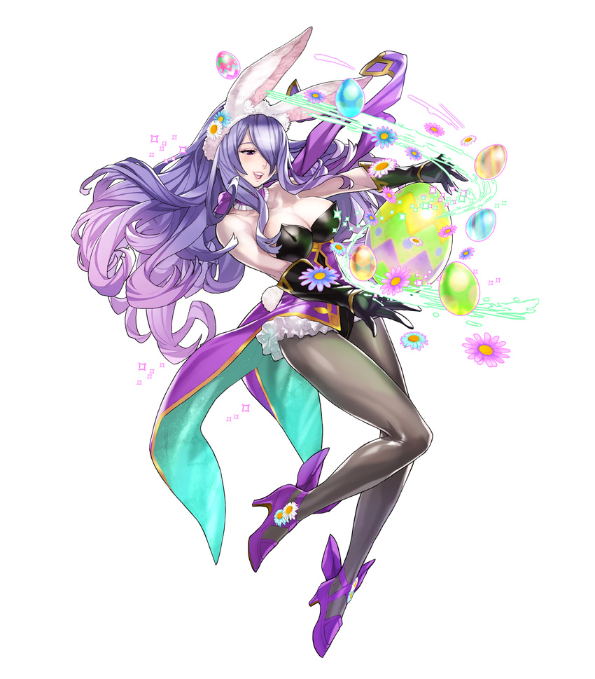 animal_ears bare_shoulders breasts bunny_ears bunny_tail bunnysuit camilla_(fire_emblem_if) choker cleavage easter easter_egg egg elbow_gloves fire_emblem fire_emblem_heroes fire_emblem_if flower frilled_choker frills full_body gloves gradient_hair hair_ornament hair_over_one_eye hat high_heels highres large_breasts leotard long_hair maeshima_shigeki multicolored_hair non-web_source official_art open_mouth overskirt pantyhose purple_choker purple_hair smile solo sparkle tail transparent_background