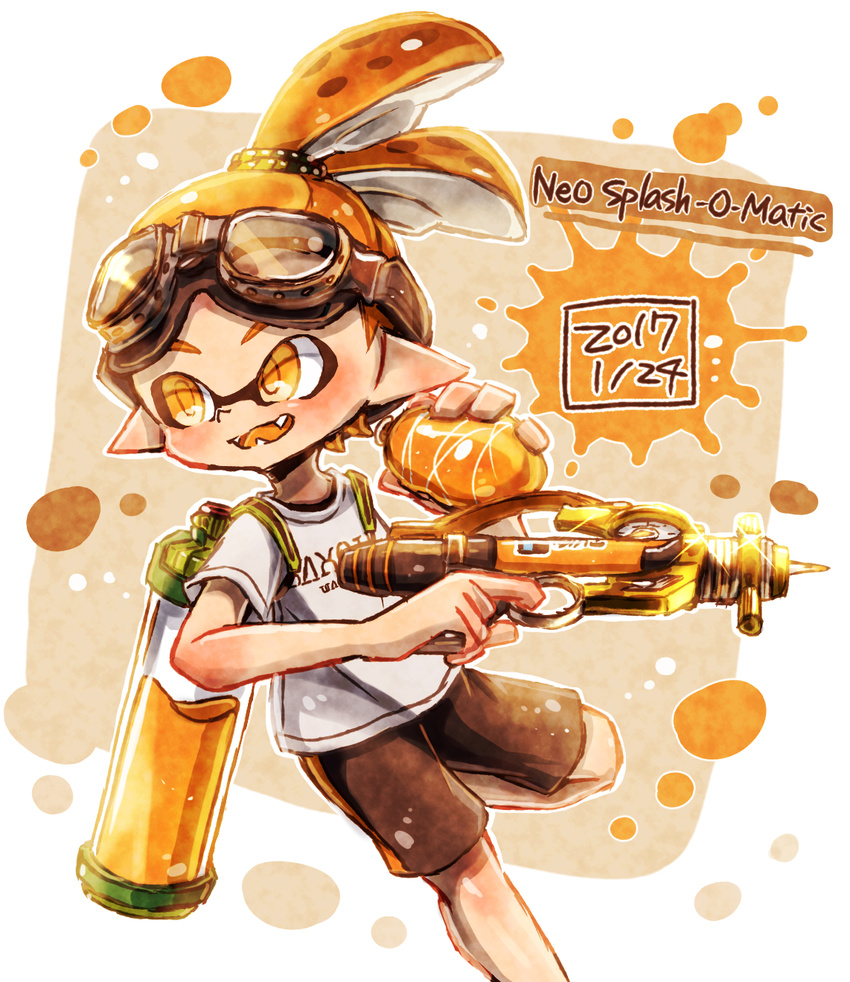 black_shorts burst_bomb_(splatoon) dated domino_mask english fangs goggles goggles_on_head hair_slicked_back harutarou_(orion_3boshi) highres holding holding_weapon ink_tank_(splatoon) inkling inkling_(language) looking_to_the_side male_focus mask open_mouth orange_eyes orange_hair orange_tongue paint_splatter pointy_ears scrunchie shirt short_sleeves shorts single_vertical_stripe smile solo splash-o-matic_(splatoon) splatoon_(series) splatoon_1 standing standing_on_one_leg t-shirt tentacle_hair topknot weapon white_shirt