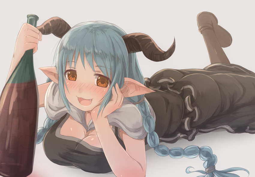 :3 :d ass black_dress blue_hair blush bottle braid breasts brown_eyes chin_rest cleavage commentary draph dress eyebrows_visible_through_hair fang granblue_fantasy highres hikari_niji holding holding_bottle horns lamretta large_breasts long_hair lying nose_blush on_stomach open_mouth pointy_ears smile solo twin_braids wine_bottle