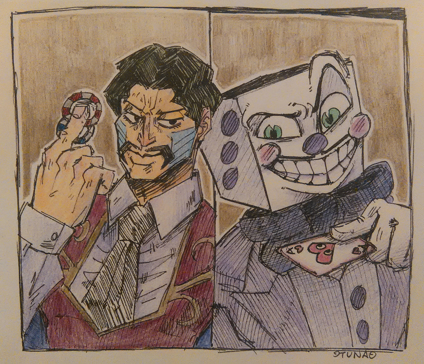 absurdres black_hair bow bowtie card commentary crossover cuphead_(game) daniel_d'arby dice facial_hair facial_mark formal gloves highres jojo_no_kimyou_na_bouken king_dice male_focus multiple_boys mustache poker_chip stardust_crusaders suit vest