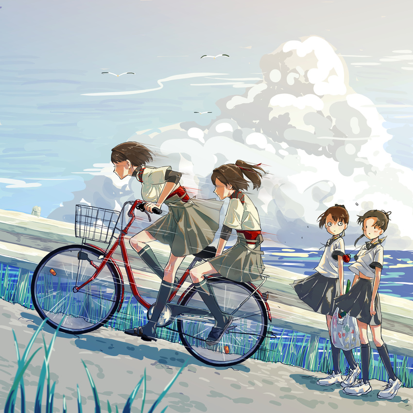 ayanami_(kantai_collection) bad_id bad_pixiv_id bag basket bicycle bird brown_hair cloud day dutch_angle faceless faceless_female grass ground_vehicle hair_ribbon highres hyuuga_(kantai_collection) ise_(kantai_collection) kantai_collection multiple_girls multiple_riders plastic_bag ponytail ribbon riding school_uniform seagull serafuku shikinami_(kantai_collection) shoes short_hair sneakers socks solid_circle_eyes speed_lines zabuton_dorobou