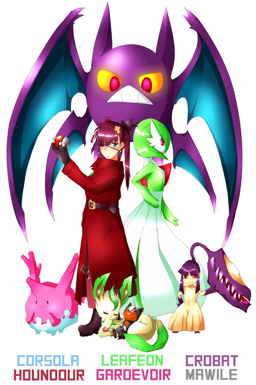 3girls :3 animal_ears arm_up arms_up artist_request bat bat_wings belt black_eyes black_footwear black_gloves blue_eyes blush boots character_name coat collarbone corsola crobat earring english eyebrows_visible_through_hair eyepatch eyes_closed fang feet fingerless_gloves floating from_side full_body gardevoir gloves glowing_eyes green_hair hair_ornament hair_over_one_eye hand_on_hip happy highres horns houndour leafeon long_sleeves looking_back looking_down looking_to_the_side mawile multiple_girls navel open_mouth original paws poke_ball pokemon pokemon_(creature) pokemon_dppt pokemon_gsc pokemon_rse purple_hair red_coat red_eyes sharp_teeth short_hair simple_background sitting smile standing tail teeth text tied_hair twintails wings yellow_sclera