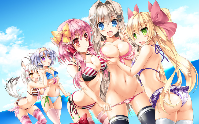 :d animal_ears antenna_hair arched_back ass ass_visible_through_thighs assisted_exposure back bangs bare_arms bare_shoulders bikini bikini_pull black_legwear black_ribbon blonde_hair blue_bikini blue_eyes blue_sky blunt_bangs blush bow breast_grab breasts brown_hair cat_hair_ornament closed_mouth cloud collarbone colored_stripes cowboy_shot day eyebrows_visible_through_hair fang frilled_bikini frilled_bikini_top frills grabbing green_eyes green_ribbon groin hair_bow hair_intakes hair_ornament hair_tubes hairband hairclip highres hug hug_from_behind kamiya_tomoe lavender_hair legs_apart long_hair medium_breasts multi-strapped_bikini multiple_girls navel open_mouth original outdoors pink_bikini pink_hair pink_legwear pink_scrunchie pulled_by_another purple_bikini purple_eyes purple_ribbon red_bow red_eyes ribbon scrunchie short_hair side-tie_bikini sidelocks silver_hair sky smile standing stomach striped striped_bikini striped_legwear swimsuit tail tareme thighhighs twintails two_side_up v-shaped_eyebrows white_legwear wrist_scrunchie yellow_hairband