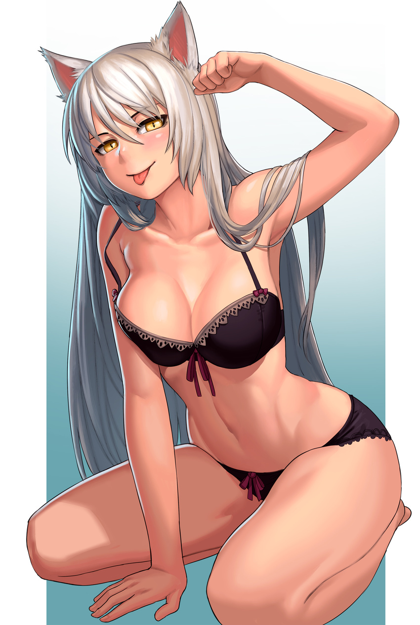 :p animal_ears arm_support arm_up barefoot between_legs black_bra black_hanekawa black_panties blush bra breasts cat_ears cleavage collarbone hand_between_legs hanekawa_tsubasa highres large_breasts lasterk long_hair looking_at_viewer monogatari_(series) navel outside_border paid_reward panties patreon_reward paw_pose seiza simple_background sitting slit_pupils smile solo tongue tongue_out underwear underwear_only white_hair yellow_eyes