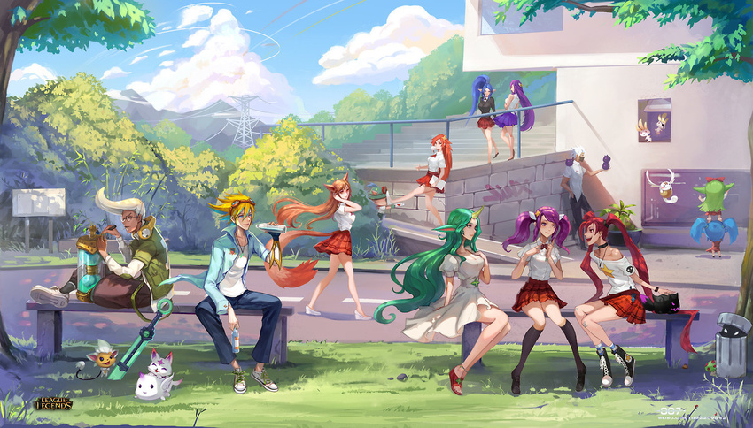 ahri ekko_(league_of_legends) ezreal janna_windforce jinx_(league_of_legends) league_of_legends luxanna_crownguard magical_girl multiple_boys multiple_girls poppy sarah_fortune school_uniform skirts soraka syndra zed_(league_of_legends)