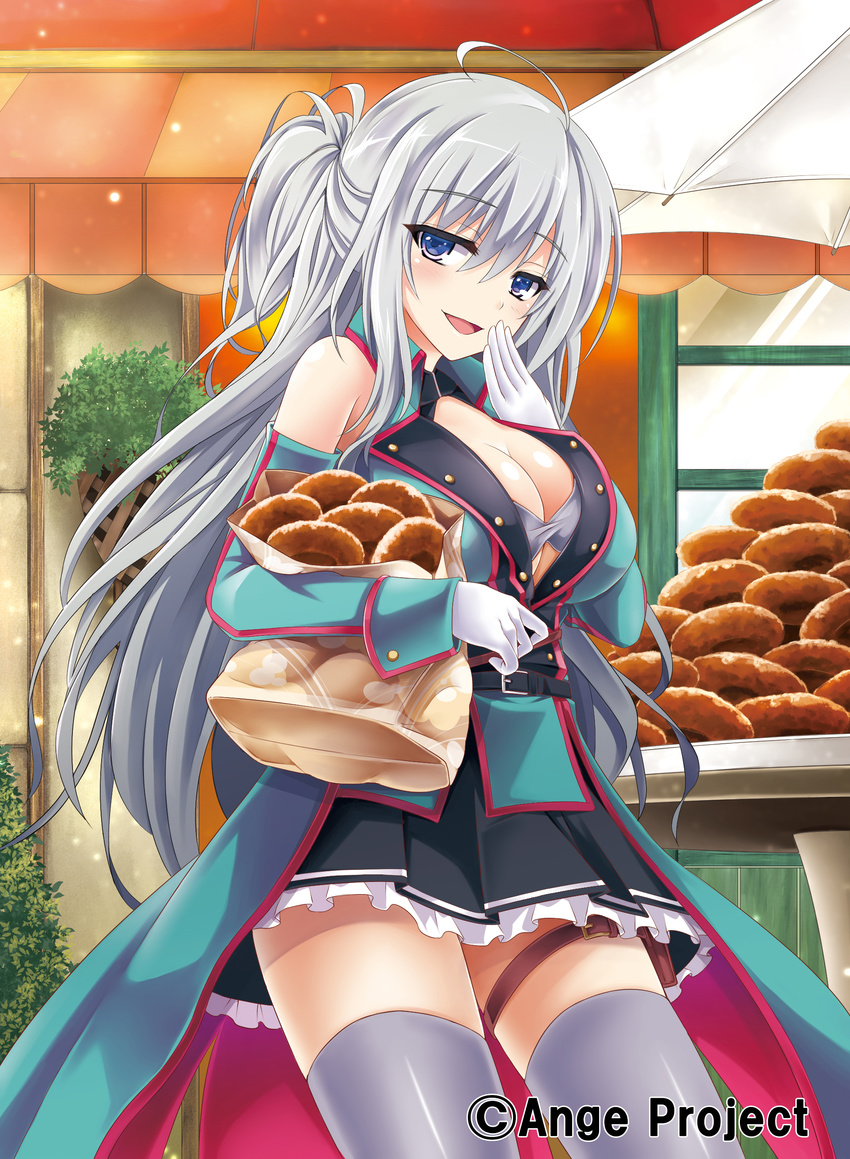 :d absurdres ahoge ange_vierge bag bare_shoulders belt braid breasts cleavage detached_sleeves gloves highres holding holding_bag kurowana large_breasts long_hair looking_at_viewer nya_lapucea open_mouth paper_bag silver_hair smile solo thigh_strap thighhighs white_gloves zettai_ryouiki