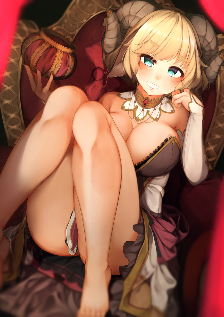 bad_id bad_pixiv_id barefoot blonde_hair breasts cleavage clenched_teeth crown crown_removed detached_collar eyebrows_visible_through_hair green_eyes highres horns jewelry large_breasts legs looking_at_viewer original rerrere ring short_hair smile solo teeth