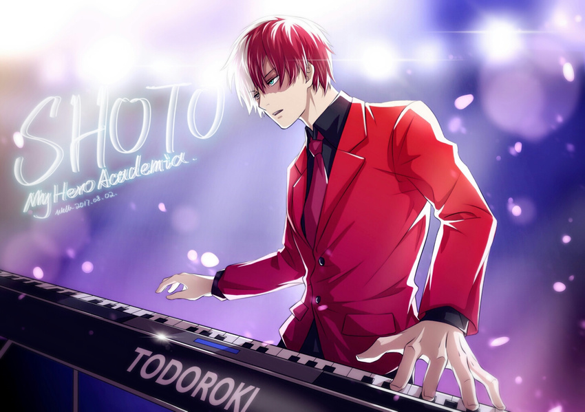 black_shirt blue_eyes boku_no_hero_academia burn_scar character_name copyright_name dated formal heterochromia instrument jacket keyboard_(instrument) male_focus multicolored_hair music necktie parted_lips petals playing_instrument red_hair red_jacket red_neckwear scar shirt solo suit todoroki_shouto two-tone_hair welllllll white_hair