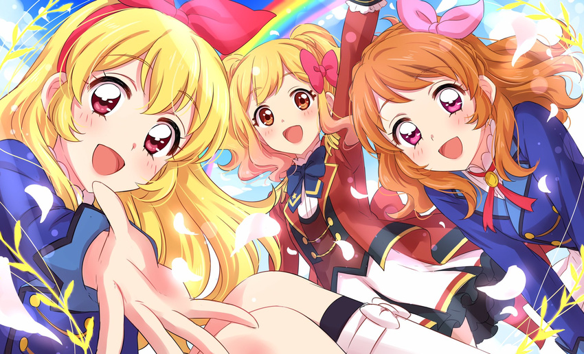 :d aikatsu! aikatsu!_(series) aikatsu_stars! bangs blonde_hair blue_jacket blush bow brown_hair check_commentary commentary_request eyebrows_visible_through_hair gradient_hair hair_bow hairband happy highres hoshimiya_ichigo jacket long_hair long_sleeves looking_at_viewer multicolored_hair multiple_girls nijino_yume oozora_akari open_mouth outstretched_arm pink_bow pink_eyes pink_hair rainbow red_bow red_jacket s4_uniform sekina skirt smile socks standing starlight_academy_uniform twintails