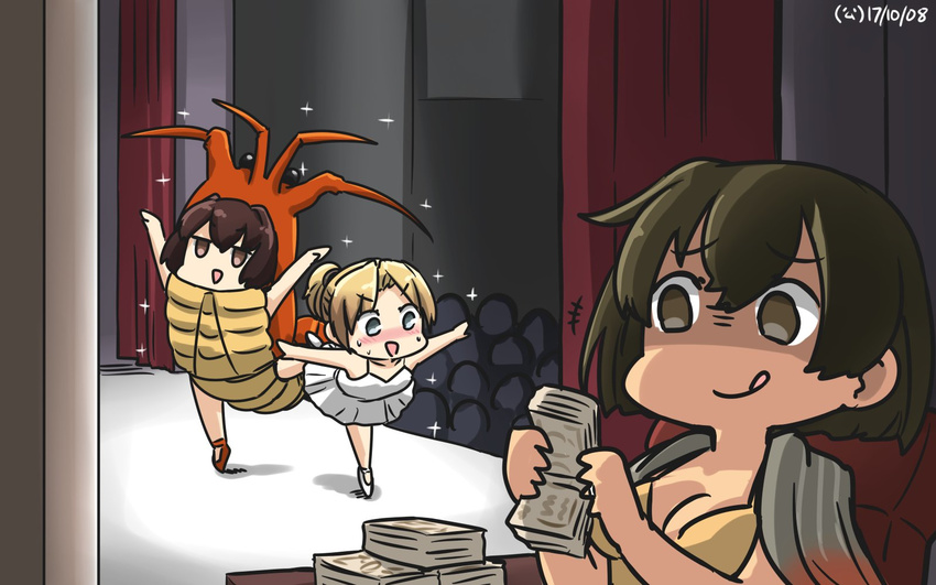 3girls :d :q blonde_hair blue_eyes blush brown_eyes brown_hair commentary counting_money dancing dated hamu_koutarou highres hiryuu_(kantai_collection) ise_(kantai_collection) jewelry kantai_collection lobster_costume maikaze_(kantai_collection) money multiple_girls nose_blush open_mouth ponytail ring shaded_face smile sparkle stage standing standing_on_one_leg tiptoes tongue tongue_out tutu v-shaped_eyebrows wedding_band