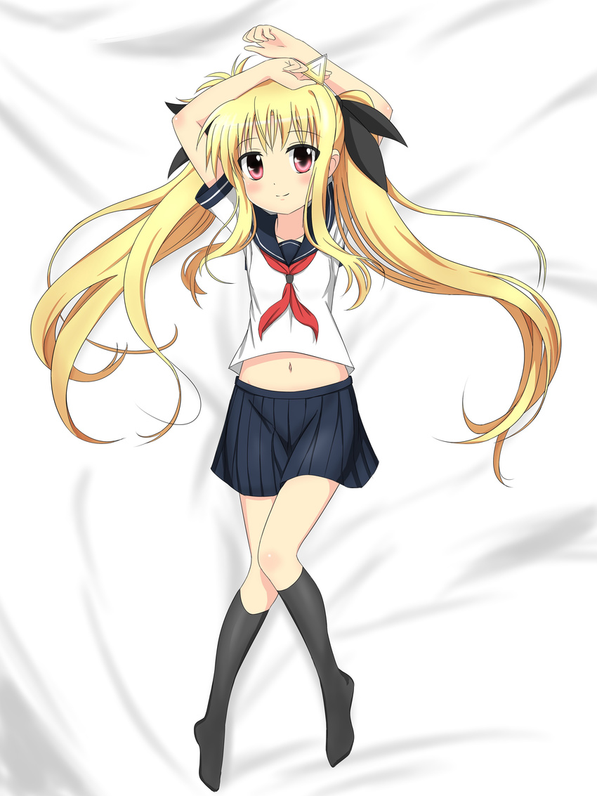 absurdres bangs bardiche bed_sheet black_legwear black_ribbon blonde_hair blouse blue_sailor_collar blue_skirt blush breasts closed_mouth commentary_request eyebrows_visible_through_hair fate_testarossa hair_ribbon highres holding kneehighs long_hair lying lyrical_nanoha mahou_shoujo_lyrical_nanoha midriff navel neckerchief nedia_(nedia_region) pink_eyes pleated_skirt red_neckwear ribbon sailor_collar school_uniform serafuku short_sleeves sidelocks skirt small_breasts smile solo twintails very_long_hair white_blouse