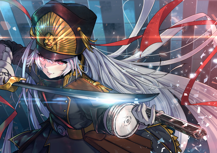 altair_(re:creators) carillus commentary digital_dissolve gauntlets glint gun hair_ribbon hat holding holding_gun holding_sword holding_weapon lens_flare light_trail long_hair looking_at_viewer military military_uniform pink_eyes ppsh-41 re:creators red_eyes red_ribbon ribbon saber_(weapon) sash shako_cap signature silver_hair smile solo submachine_gun sword uniform weapon