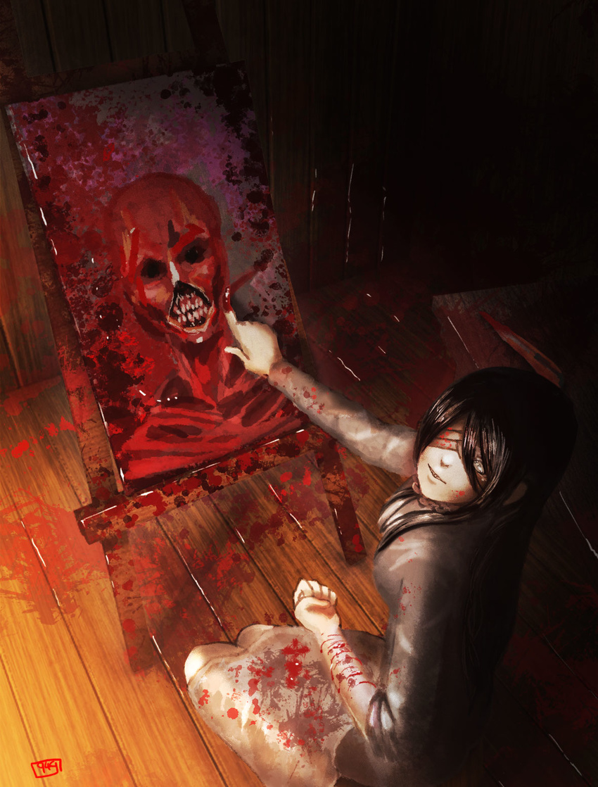 949_(king949) black_hair blood blood_on_fingers blood_on_ground blood_on_wall blood_splatter bloody_clothes bloody_hands blue_eyes clenched_hand cuts dress eyepatch from_above grey_dress highres injury kneeling knife long_hair long_sleeves looking_at_viewer original outstretched_arm painting painting_(object) sleeves_rolled_up smile solo wooden_floor wooden_wall