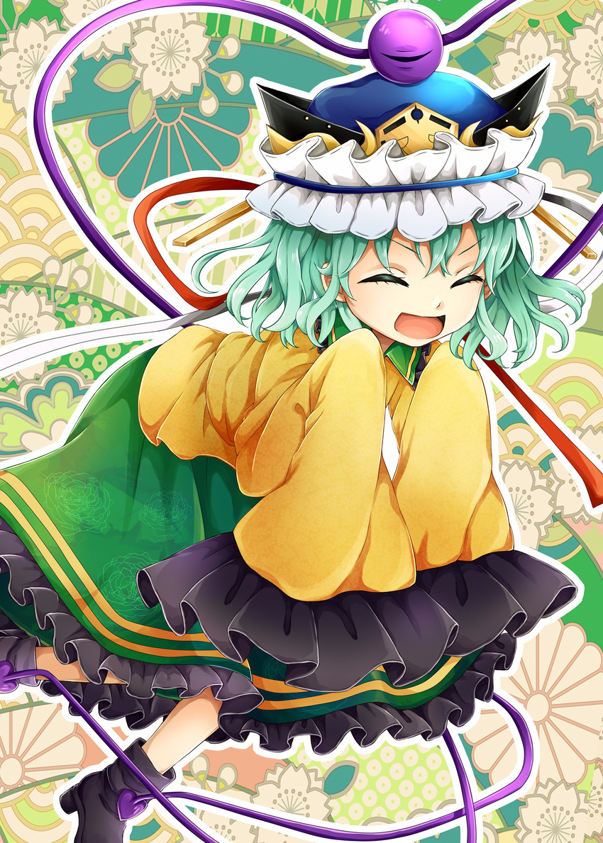absurdres black_footwear closed_eyes commentary_request cosplay floral_print frilled_skirt frilled_sleeves frills green_hair green_skirt heart highres komeiji_koishi open_mouth rnkgmn shiki_eiki shiki_eiki_(cosplay) shirt shoes skirt sleeves_past_wrists smile solo third_eye touhou wide_sleeves yellow_shirt