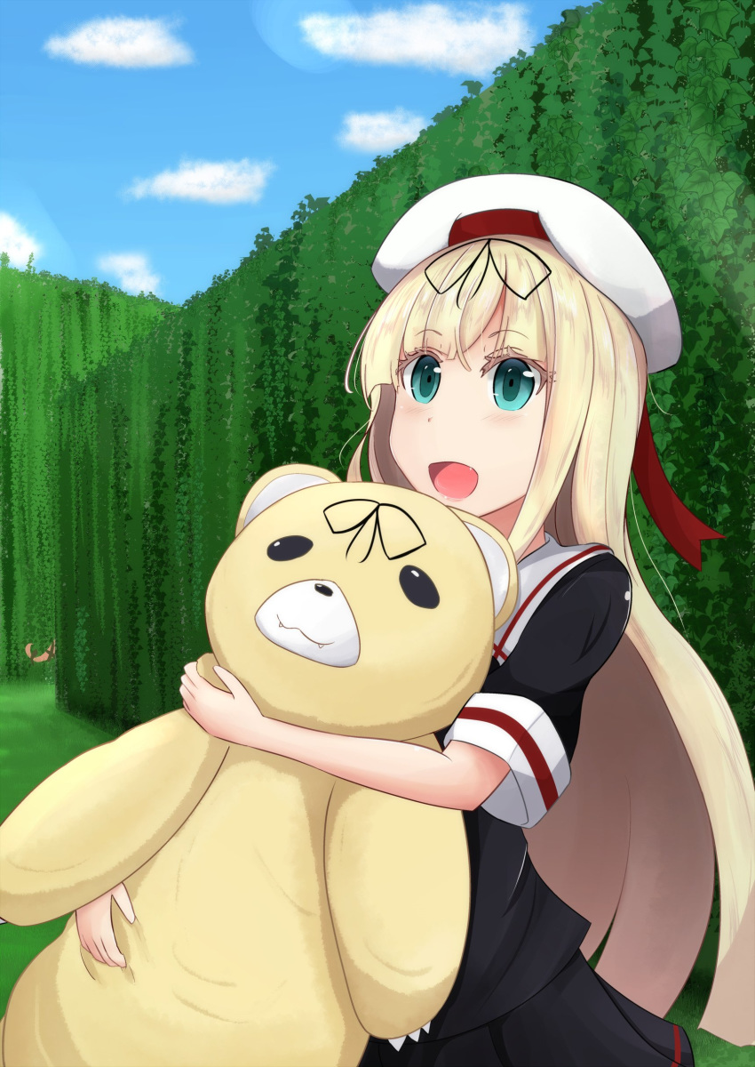 1girl absurdres beret black_ribbon black_serafuku black_skirt blonde_hair commentary_request cowboy_shot fang green_eyes hair_ribbon hat highres kantai_collection long_hair noyomidx open_mouth pleated_skirt ribbon sailor_collar school_uniform serafuku skirt smile solo straight_hair stuffed_animal stuffed_toy teddy_bear white_hat white_sailor_collar yura_(kantai_collection) yuudachi_(kantai_collection)