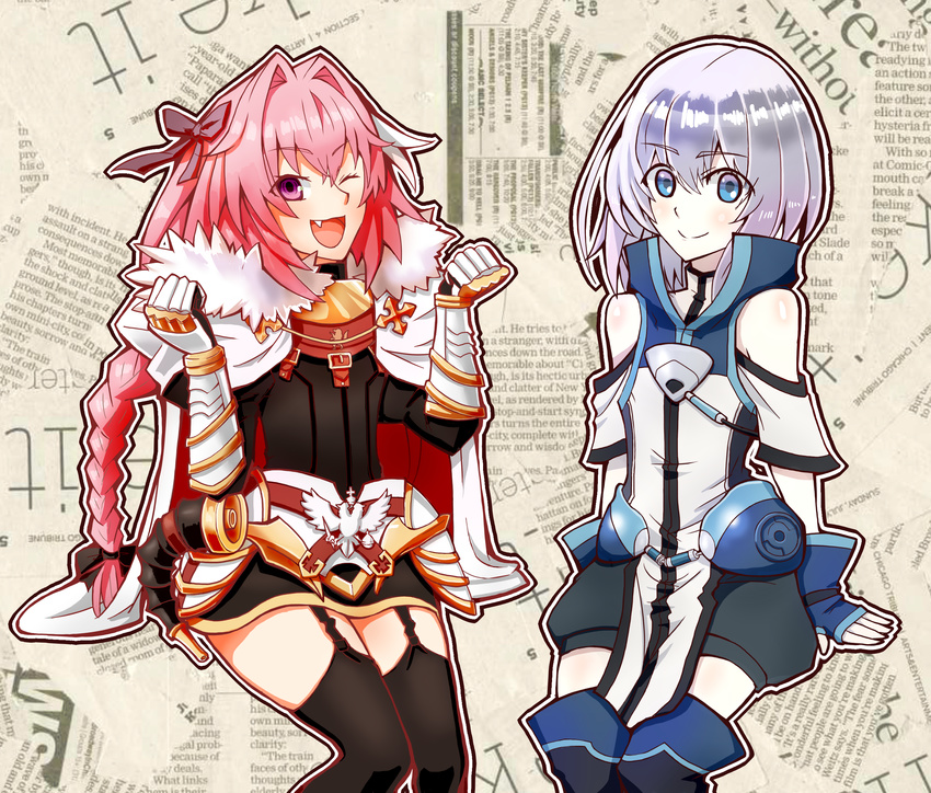 astolfo_(fate) belt black_bow blue_eyes bow braid cape clenched_hands commentary_request ernesti_echevalier fang fate/apocrypha fate_(series) fingerless_gloves fur-trimmed_cape fur_trim garter_straps gauntlets gloves hair_bow hair_intakes highres horn_(instrument) invisible_chair knight's_&amp;_magic long_hair looking_at_viewer multiple_boys newspaper newsprint_background newsprint_texture one_eye_closed open_mouth outline pink_hair shinjuu_inuo shorts shoulder_cutout silver_hair sitting skirt smile tabard thighhighs thighs two-headed_eagle