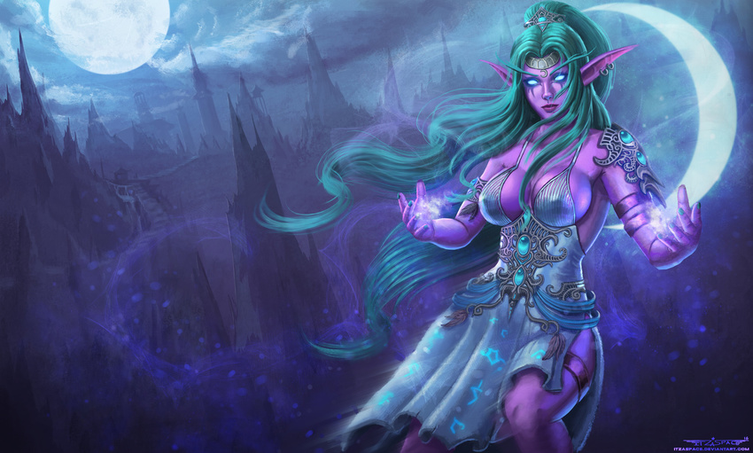 armlet breasts covered_nipples downscaled dress elf glowing glowing_eyes green_hair headdress highres large_breasts magic md5_mismatch moon mountain night_elf pointy_ears purple_skin resized sideboob smile solo thigh_strap tyrande_whisperwind warcraft