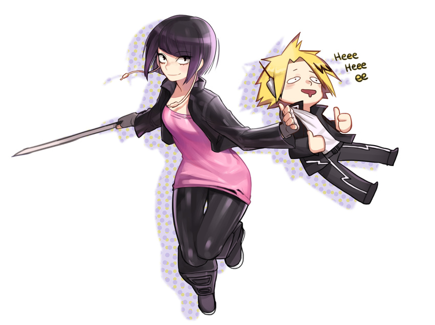 1girl bad_id bad_pixiv_id bangs black_eyes black_hair black_jacket black_pants blonde_hair blunt_bangs boku_no_hero_academia dress drooling fingerless_gloves full_body gloves headgear highres jacket jirou_kyouka kaminari_denki looking_at_viewer open_clothes open_jacket pants pink_dress raran_(lllng000) skin_tight smile sword weapon white_gloves